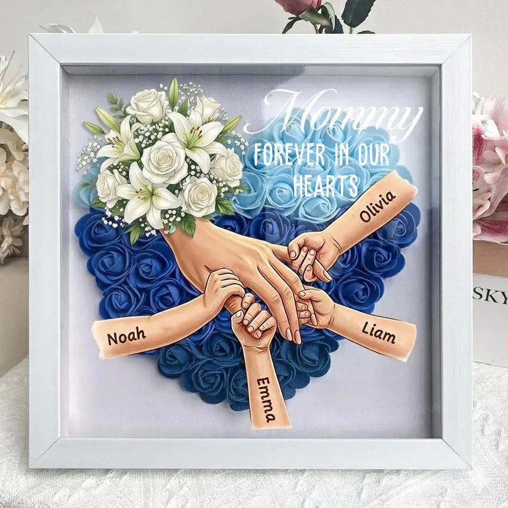 White Roses Custom Mom Holding Hands Memorial Shadow Box – Custom Name Remembrance Frame, Mother’s Day In Loving Memory Gift