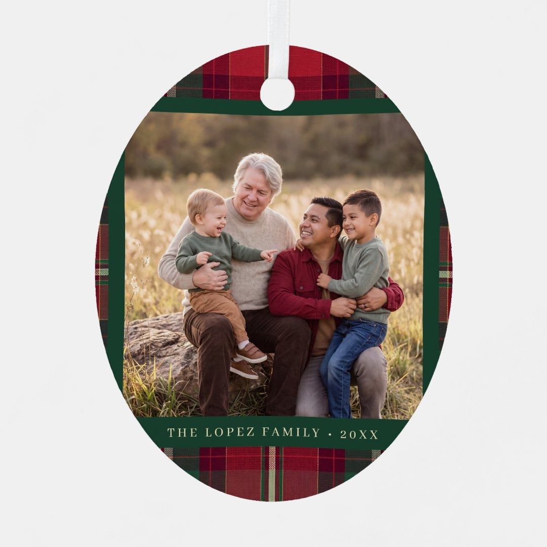 Personalized Tartan Plaid Family Photo Ceramic Ornament — Custom Christmas Tree Decoration & Keepsake Gift