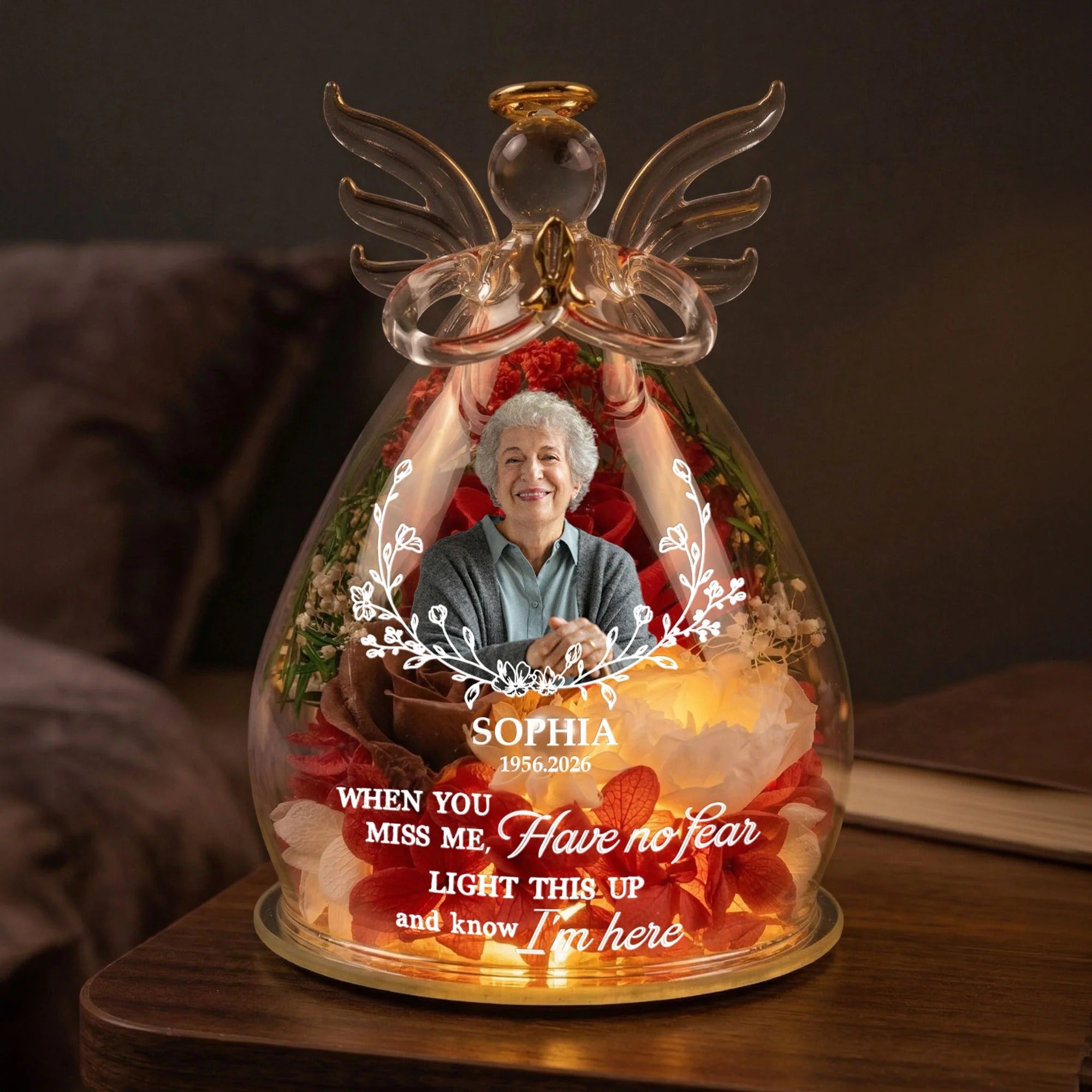 Light This Up And Know I'm Here Memorial Gift -Personalized Angel Figurine - Custom Flower & Message Mother's Day Gift