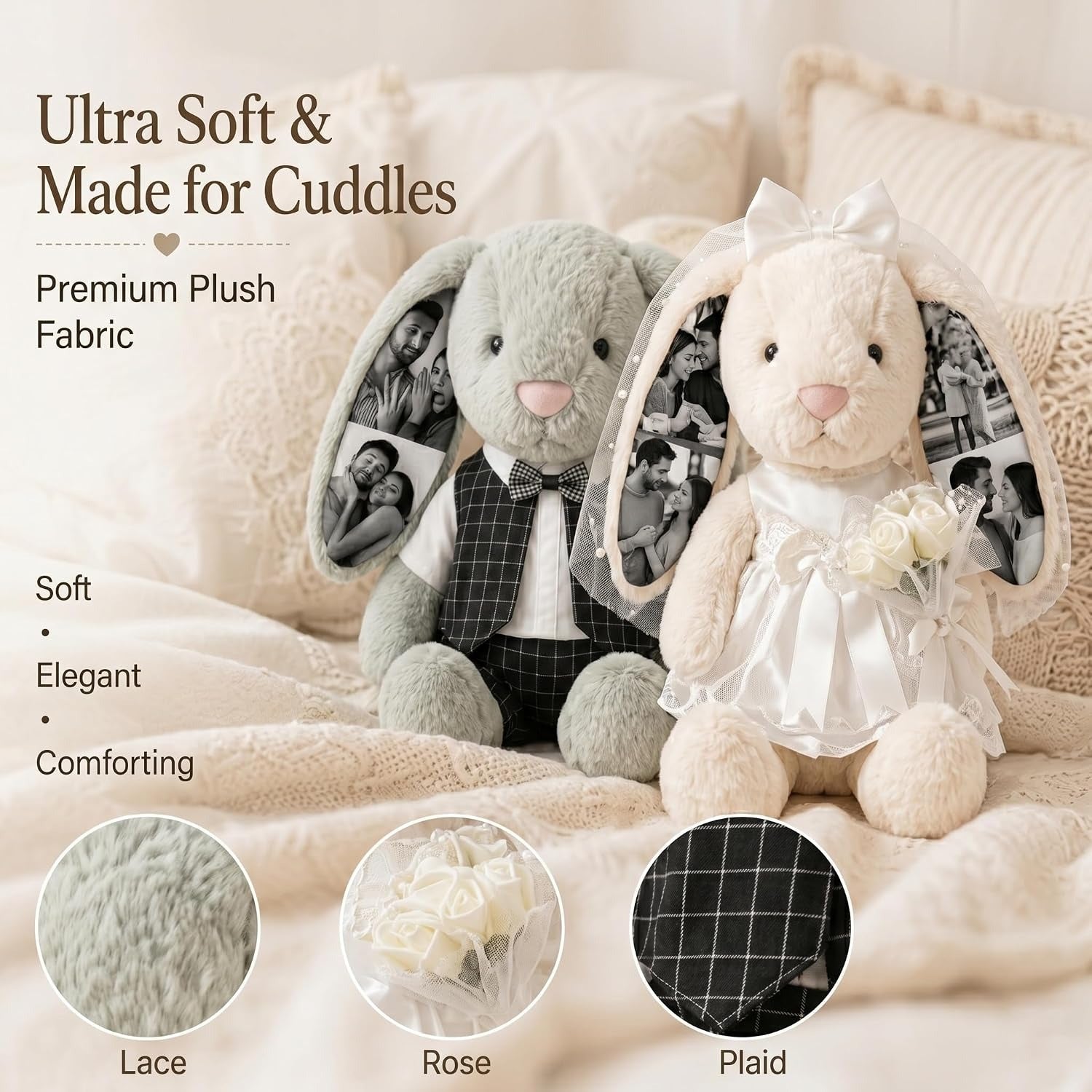 Custom Photo Wedding Bunny Plush Personalized Bride & Groom Bunny Stuffed Animal, Anniversary Wedding Gift for Couples