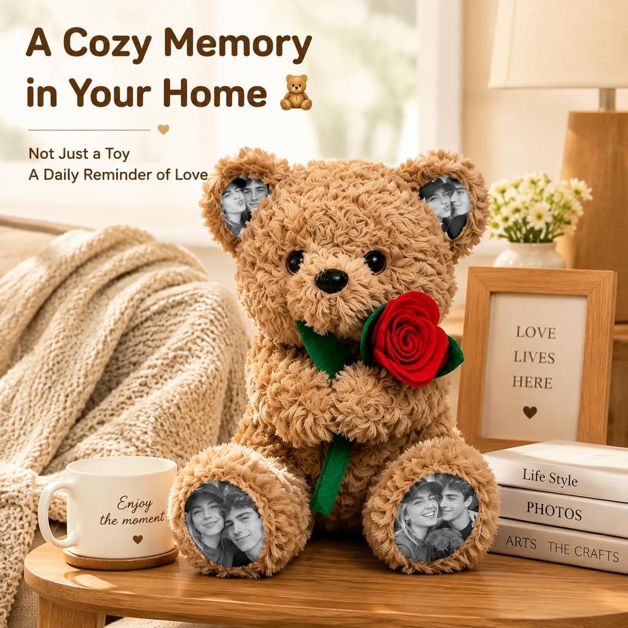 Custom Photo Teddy Bear with Rose Personalized Plush Bear with Pictures on Ears & Feet, Romantic Gift for Couple, Valentine's Day, Anniversary, Birthday
