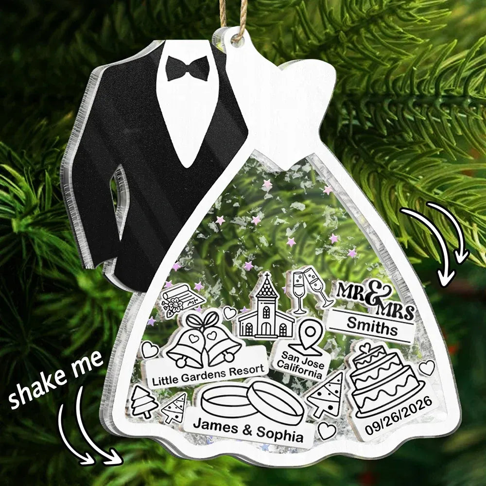 Personalized First Ornament for Couple | Bride & Groom 3-Layer Acrylic Shaker Keepsake with Glitter