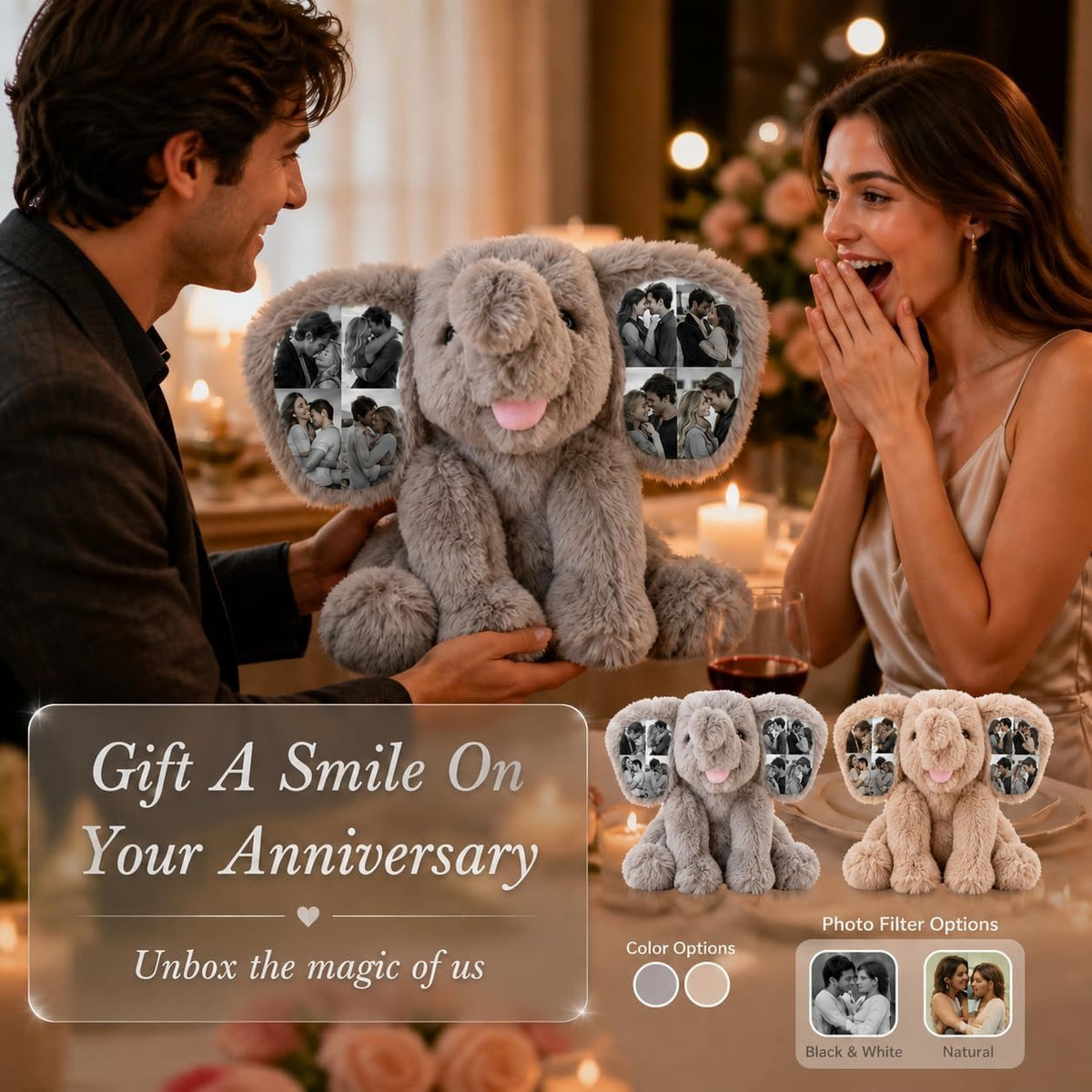 Custom Photo Elephant Plush – Personalized Ear Picture Elephant Gift for Couples Anniversary Gifts