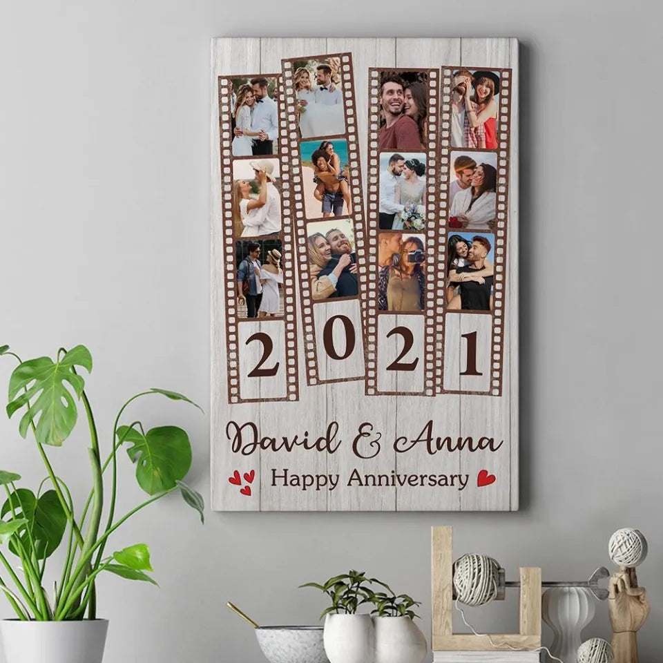 Our Love Story on Film – Custom Photo Collage Canvas Poster with Multiple Pictures, Personalized Anniversary Keepsake for Couples, Vintage Movie Strip Wall Decor