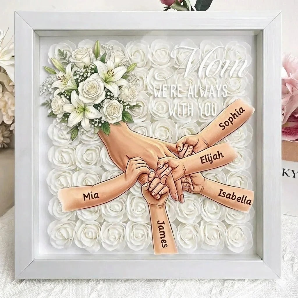 White Roses Custom Mom Holding Hands Memorial Shadow Box – Custom Name Remembrance Frame, Mother’s Day In Loving Memory Gift