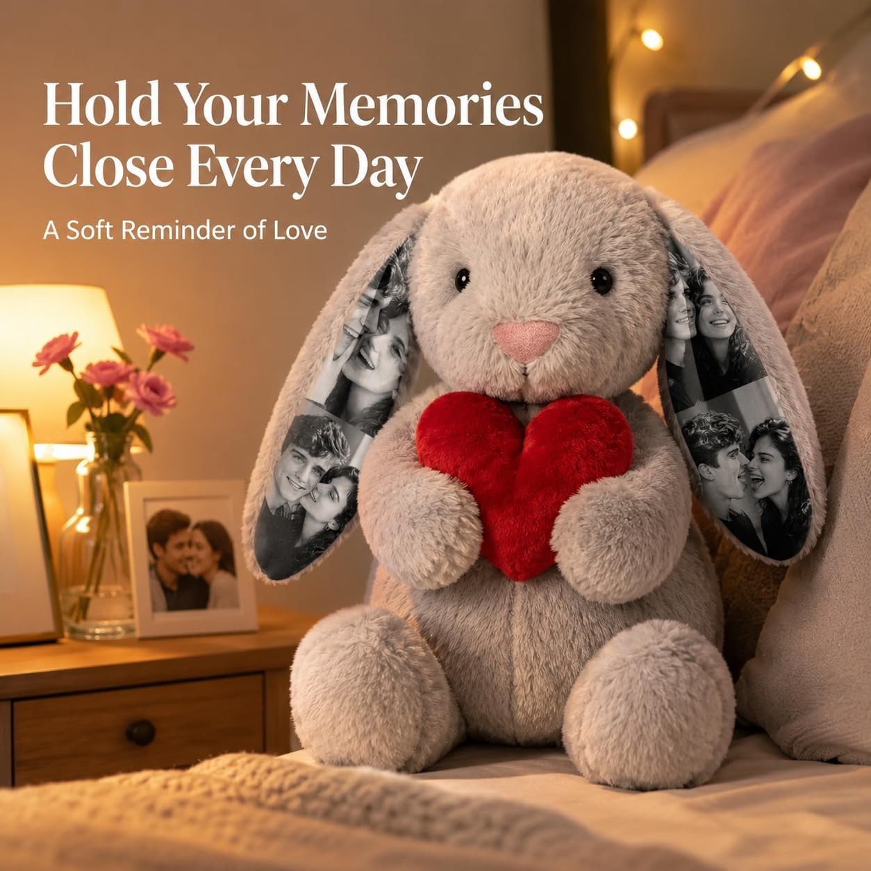 Custom Photo Red Rose Bunny Plush Personalized Hidden Ear Picture Bunny Gift for Couples Anniversary Gifts