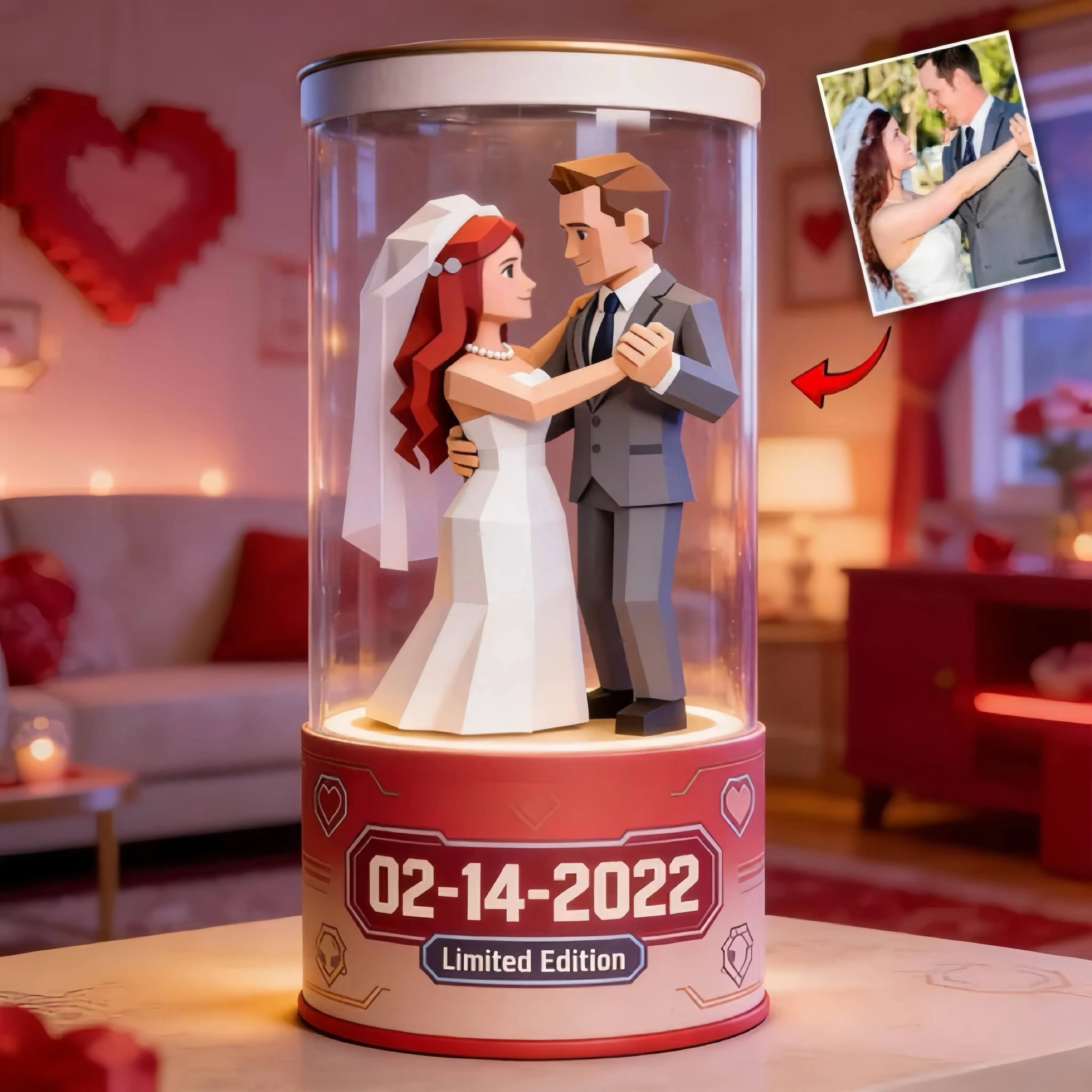 Custom Cartoon Couple Space Capsule Ornament – Personalized Low-Poly Keepsake, Ideal Couple Anniversary or Valentine's Gift for Her