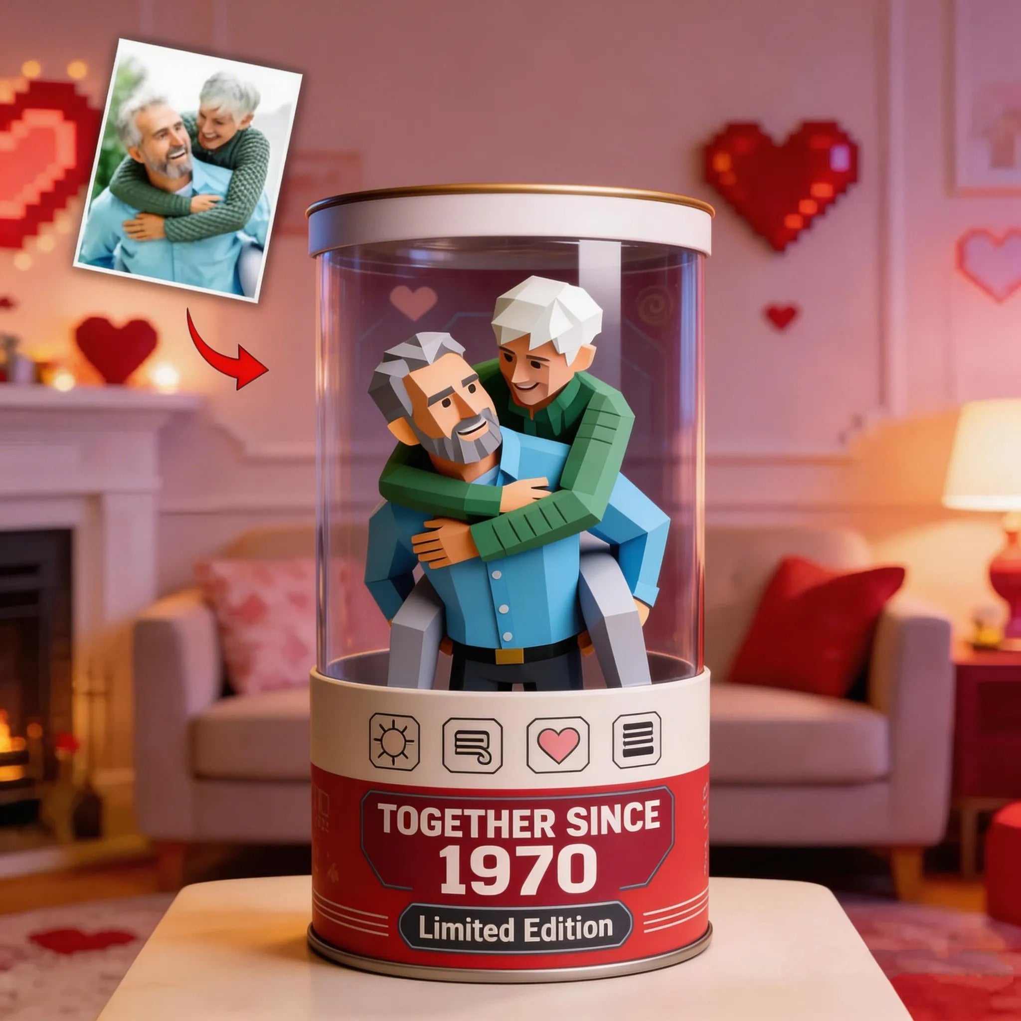 Custom Cartoon Couple Space Capsule Ornament – Personalized Low-Poly Keepsake, Ideal Couple Anniversary or Valentine's Gift for Her