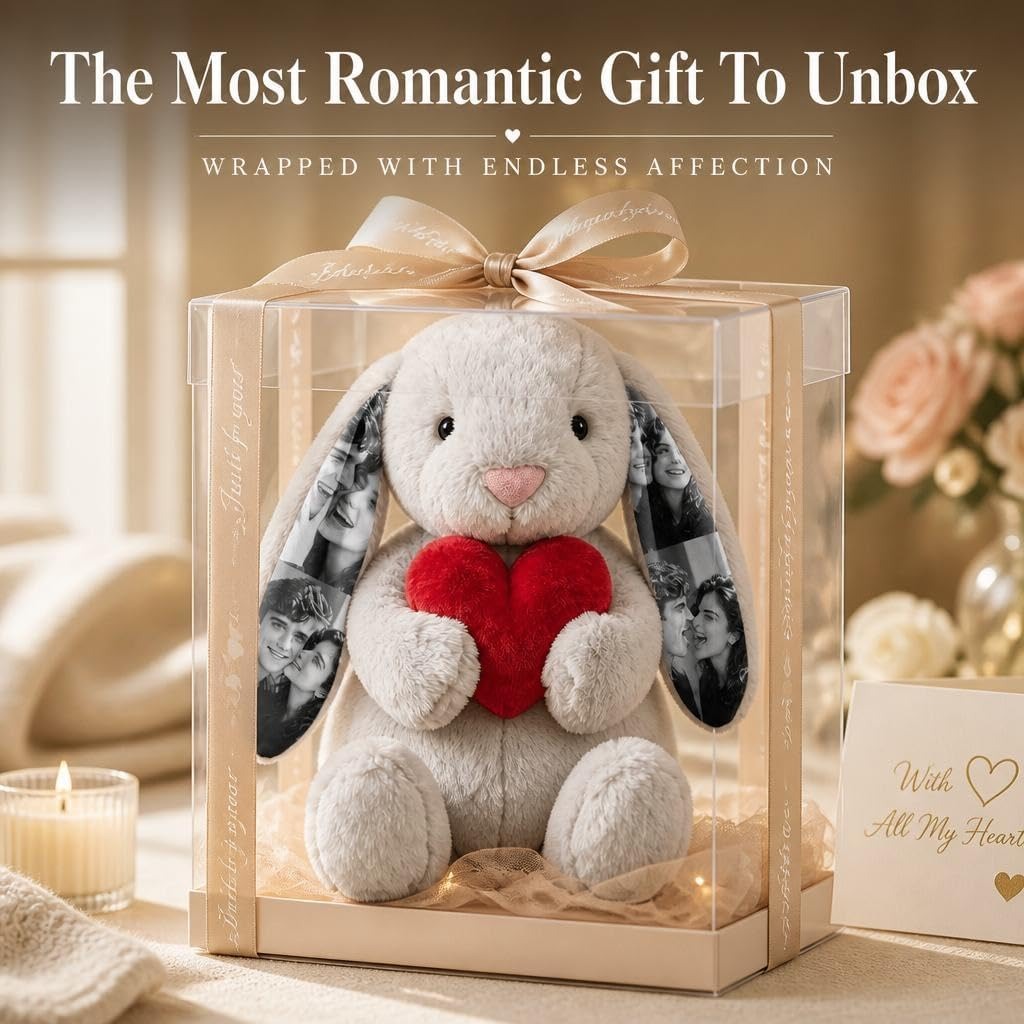 Custom Photo Red Rose Bunny Plush Personalized Hidden Ear Picture Bunny Gift for Couples Anniversary Gifts
