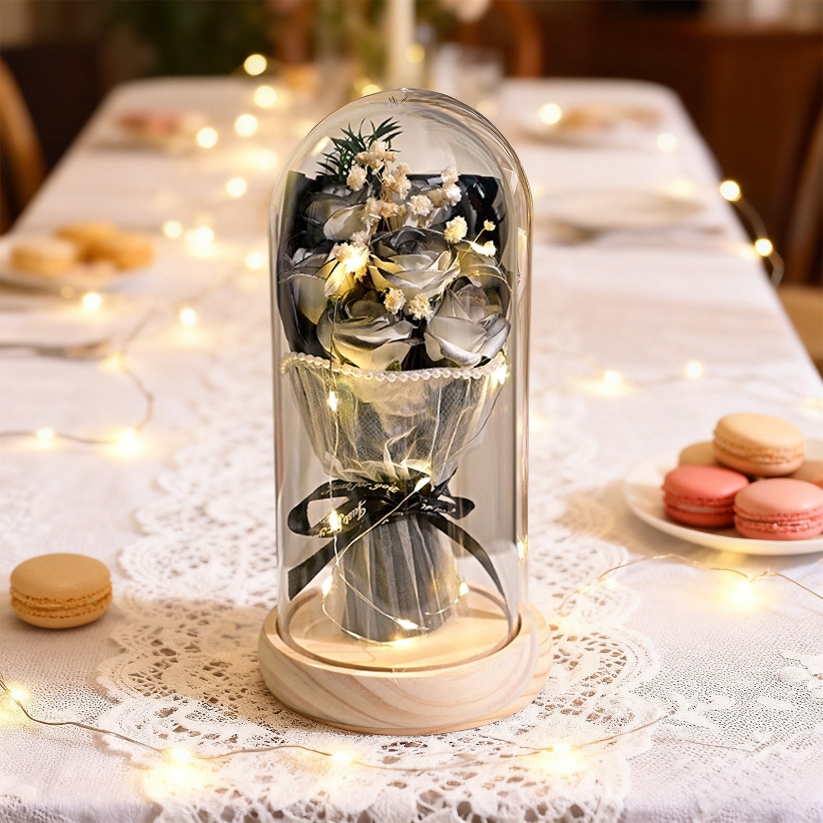 Preserved 7 Flower Rose Glass Dome with USB LED – Bouquet Gift for Couples