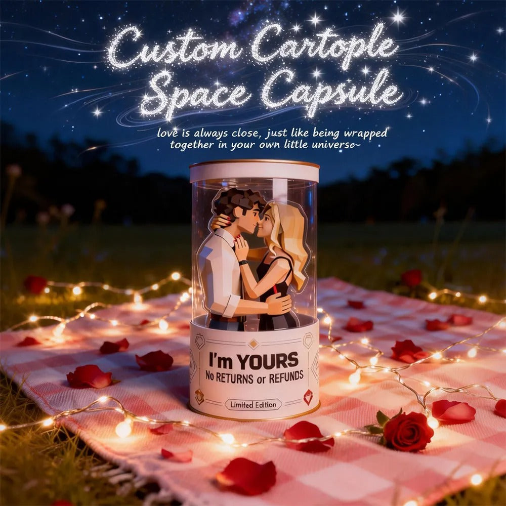 Custom Cartoon Couple Space Capsule Ornament – Personalized Low-Poly Keepsake, Ideal Couple Anniversary or Valentine's Gift for Her
