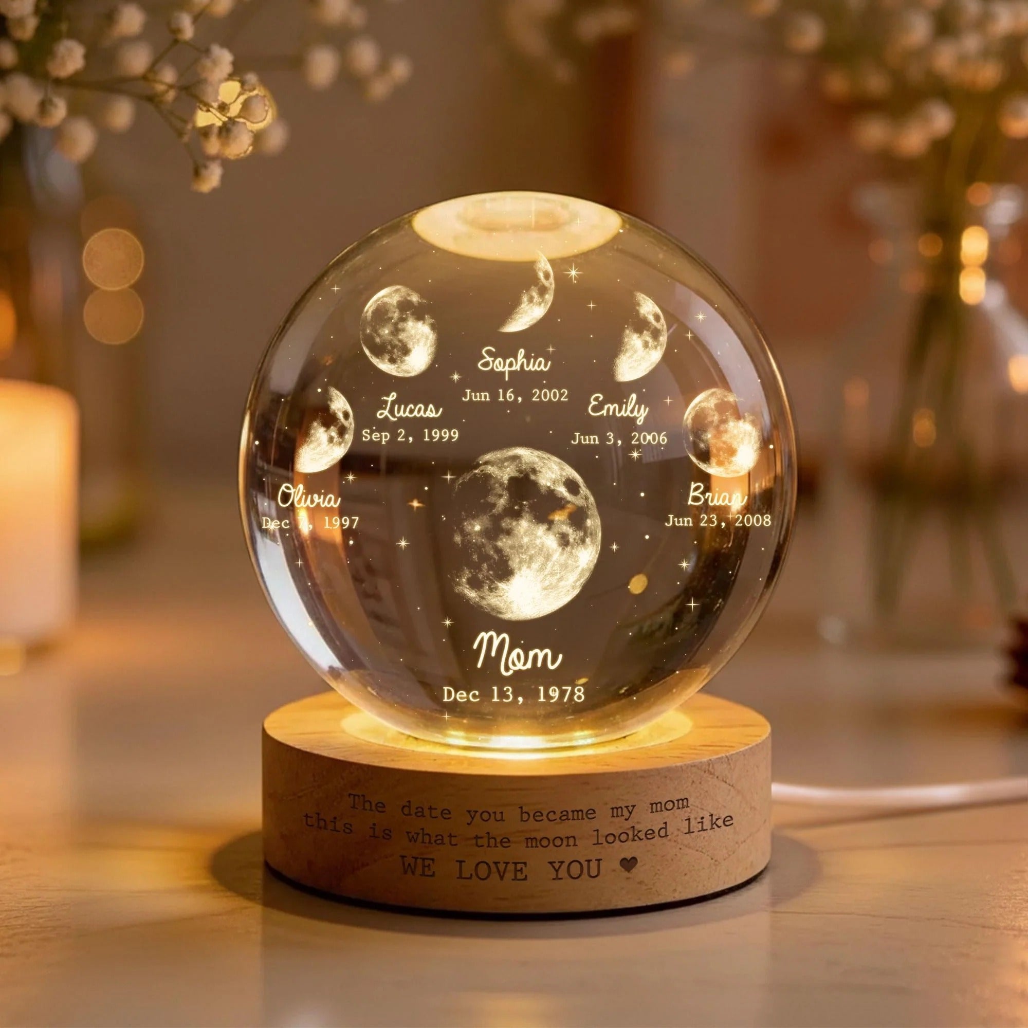 Personalized Multi Moon Phase Crystal Ball LED Night Light – Mother's Day Gift