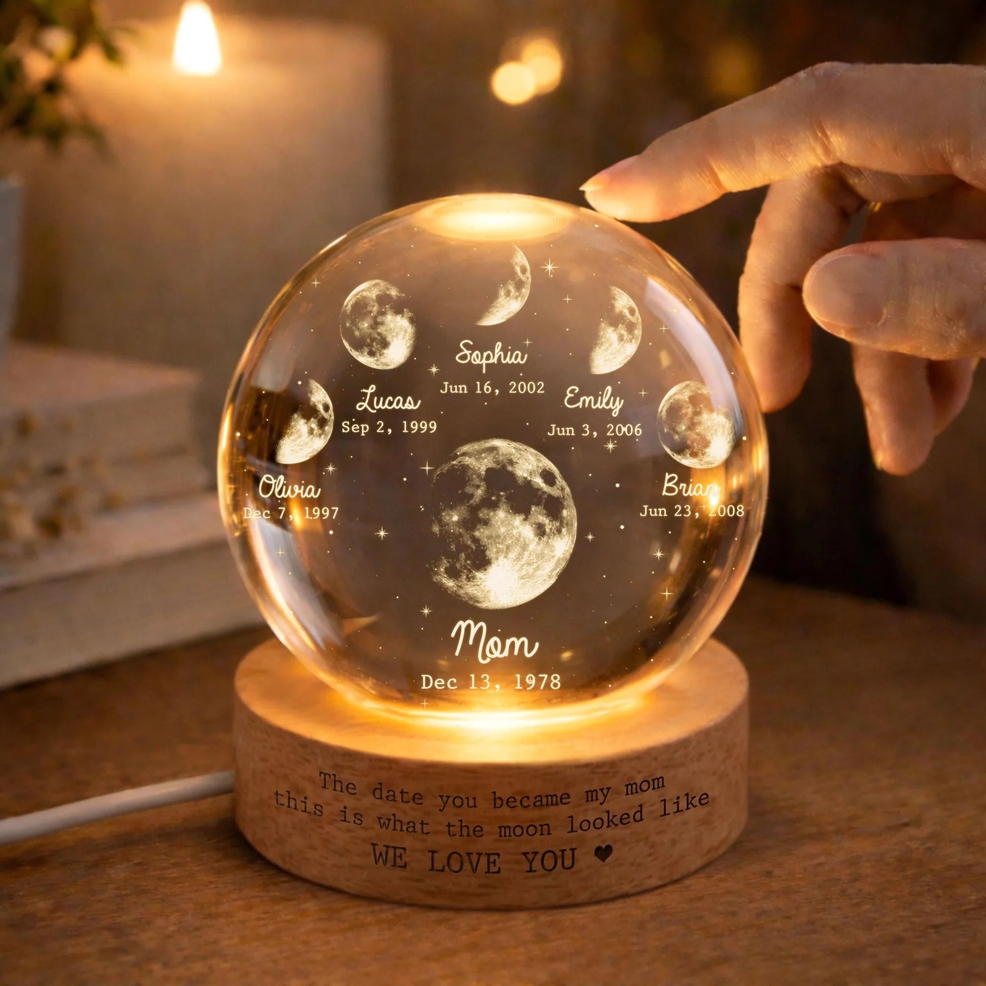 Personalized Multi Moon Phase Crystal Ball LED Night Light – Mother's Day Gift