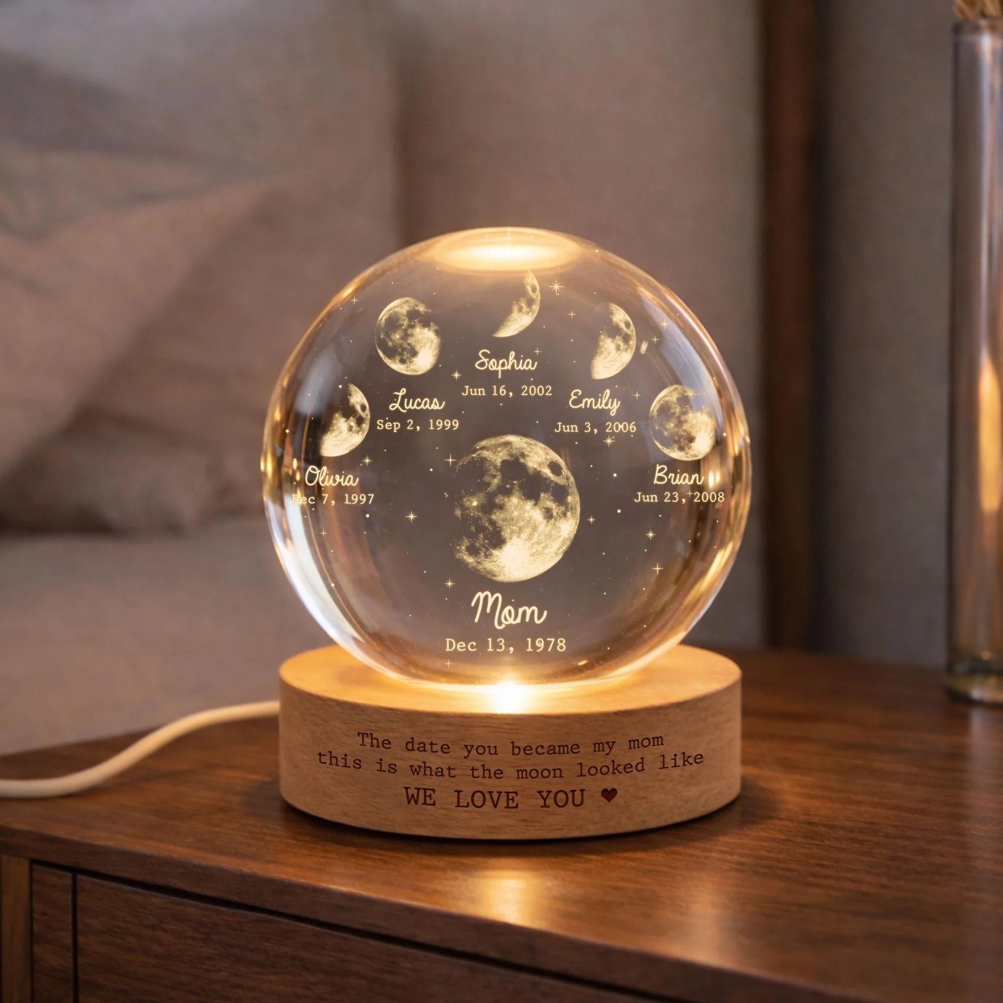 Personalized Multi Moon Phase Crystal Ball LED Night Light – Mother's Day Gift