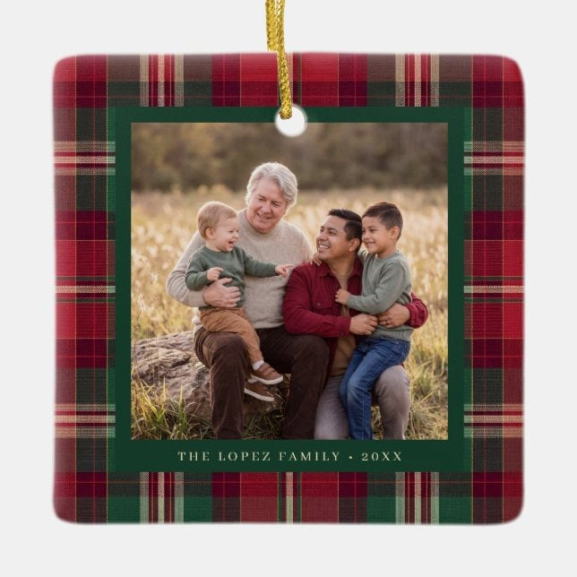 Personalized Tartan Plaid Family Photo Ceramic Ornament — Custom Christmas Tree Decoration & Keepsake Gift