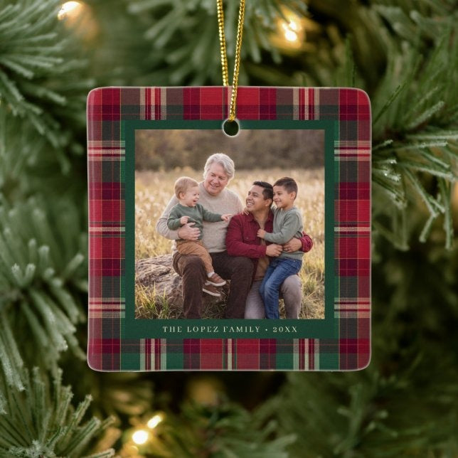 Personalized Tartan Plaid Family Photo Ceramic Ornament — Custom Christmas Tree Decoration & Keepsake Gift