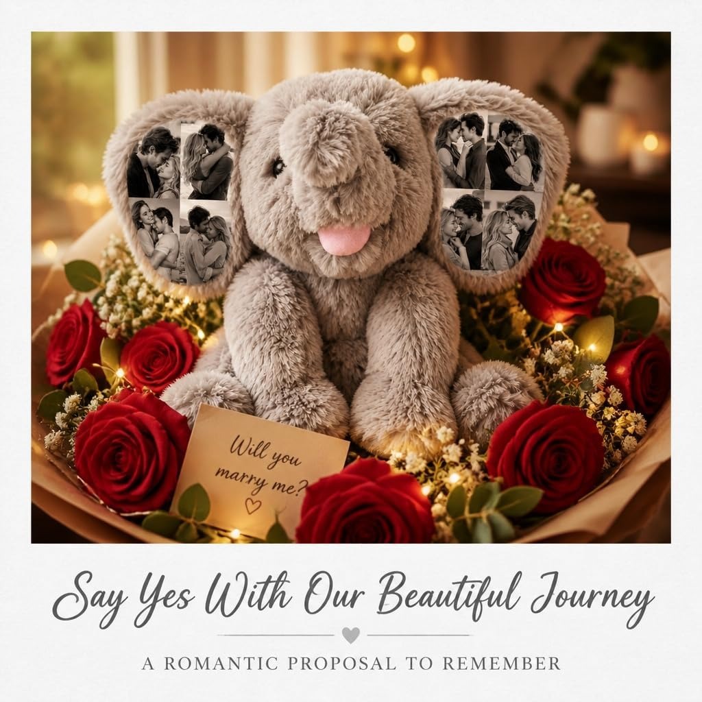 Custom Photo Elephant Plush – Personalized Ear Picture Elephant Gift for Couples Anniversary Gifts