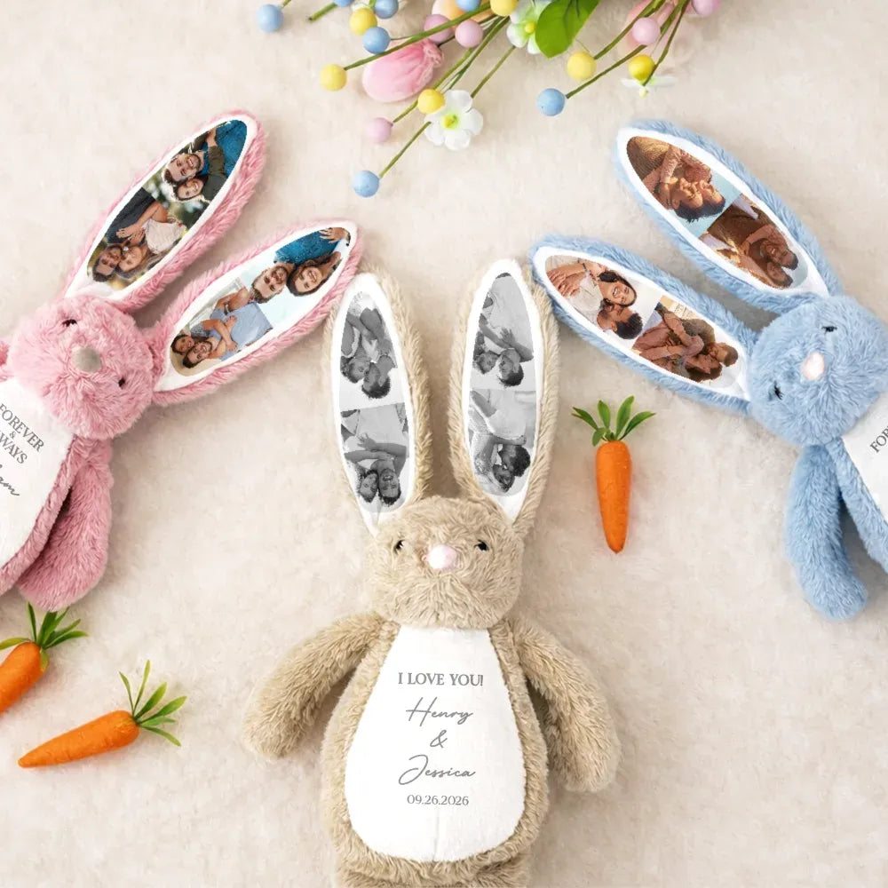 Custom Photo "Forever & Always" Long-Ear Bunny — Personalized Stuffed Animal & Christmas Gift for Couples