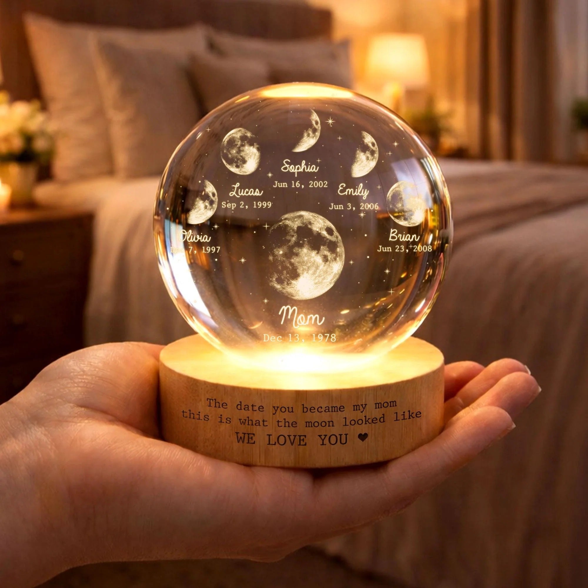 Personalized Multi Moon Phase Crystal Ball LED Night Light – Mother's Day Gift