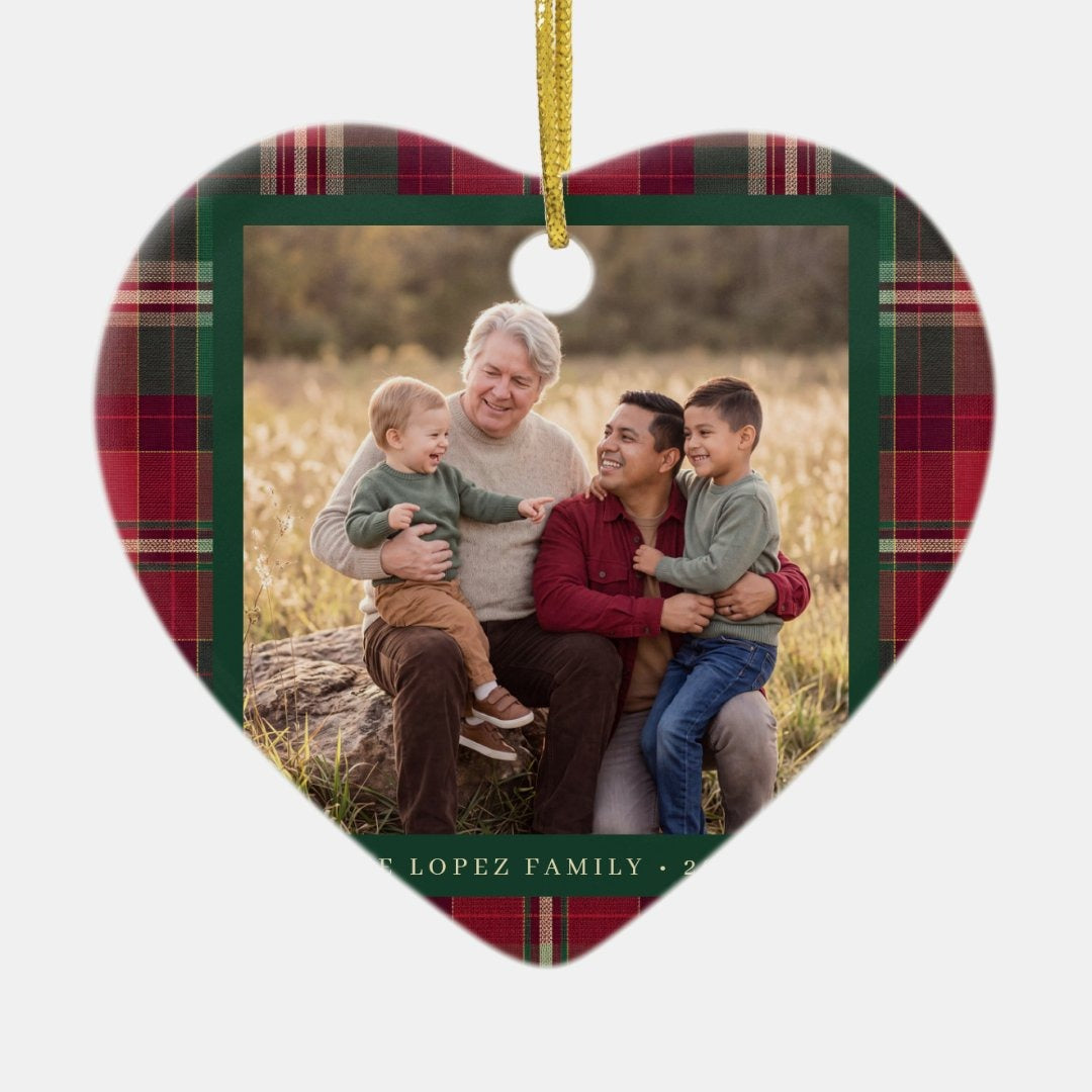 Personalized Tartan Plaid Family Photo Ceramic Ornament — Custom Christmas Tree Decoration & Keepsake Gift
