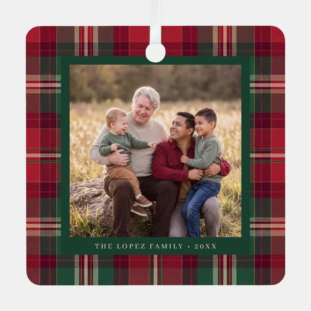 Personalized Tartan Plaid Family Photo Ceramic Ornament — Custom Christmas Tree Decoration & Keepsake Gift