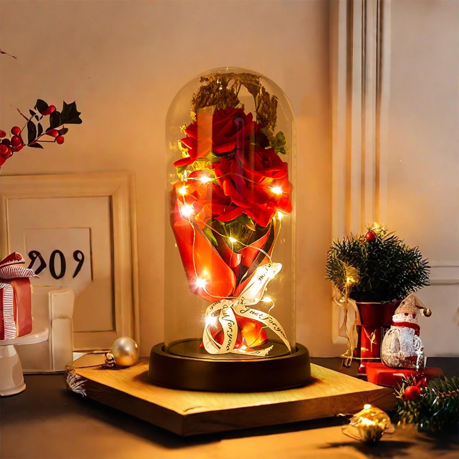 Preserved 7 Flower Rose Glass Dome with USB LED – Bouquet Gift for Couples