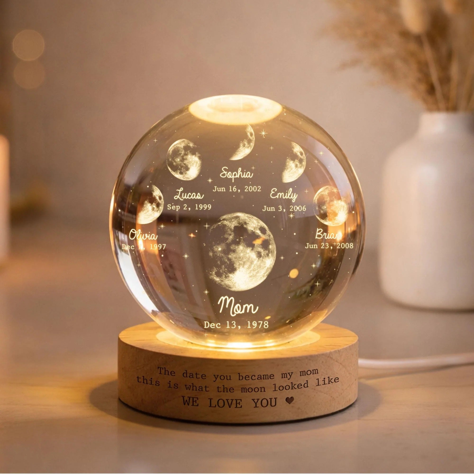 Personalized Multi Moon Phase Crystal Ball LED Night Light – Mother's Day Gift