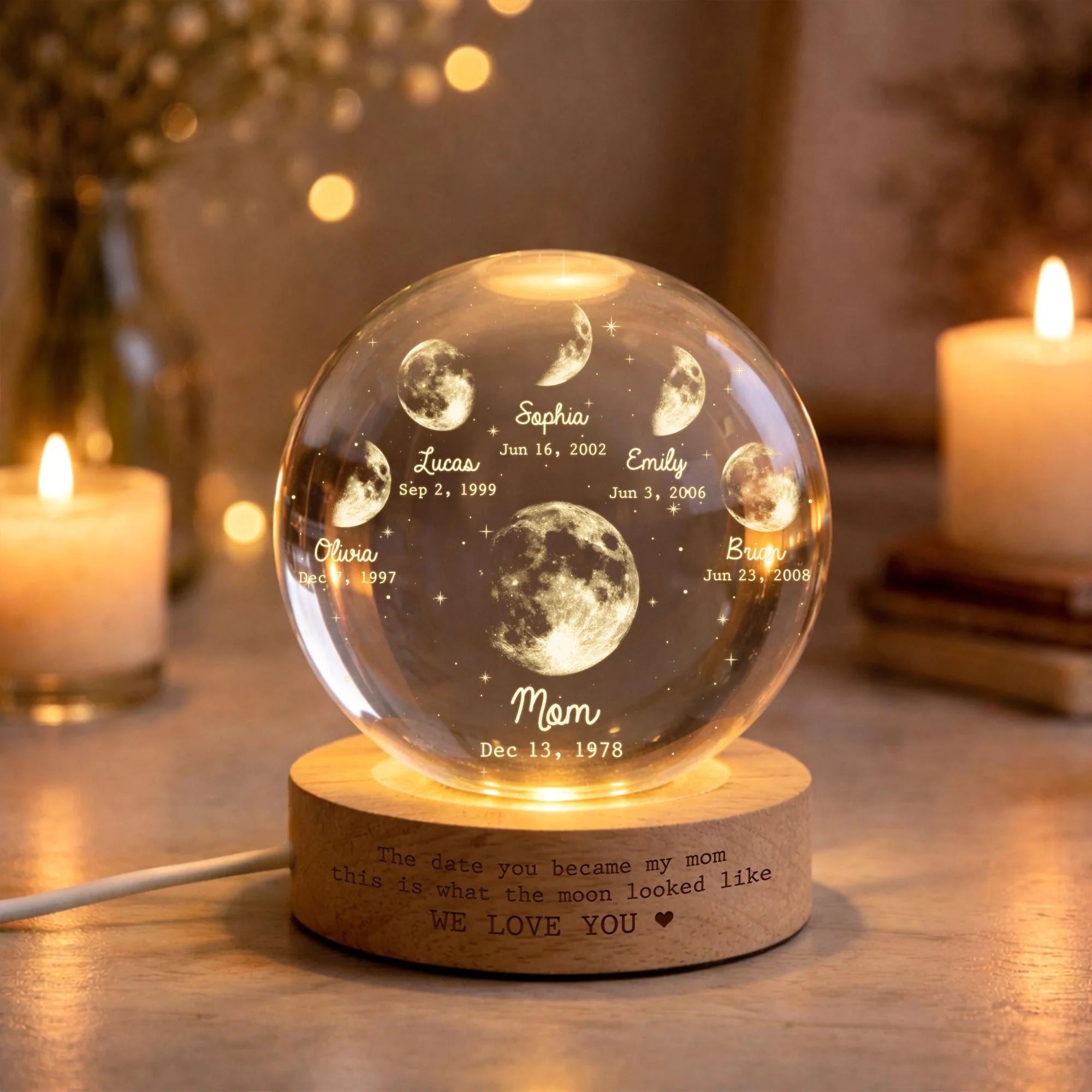 Personalized Multi Moon Phase Crystal Ball LED Night Light – Mother's Day Gift