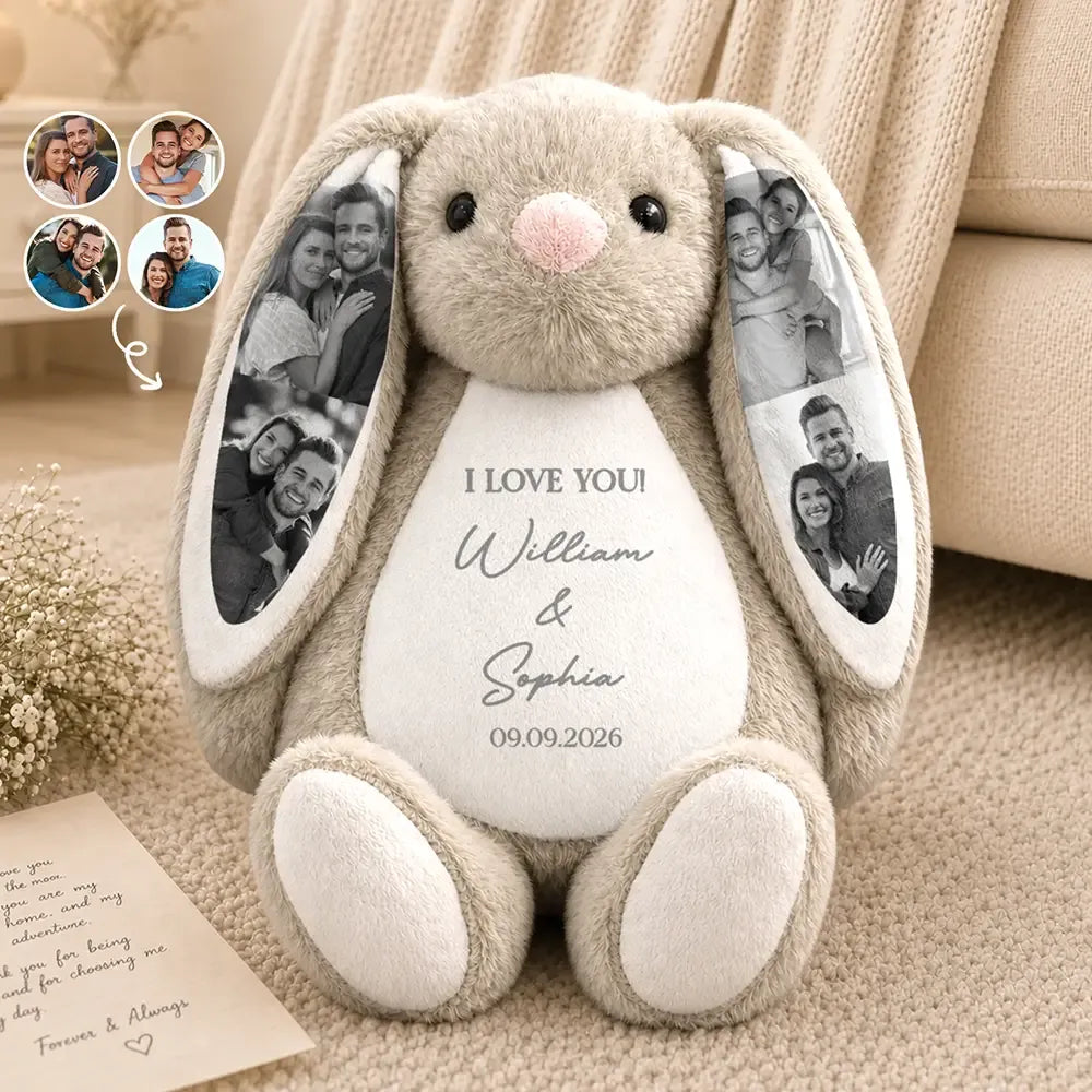 Custom Photo "Forever & Always" Long-Ear Bunny — Personalized Stuffed Animal & Christmas Gift for Couples