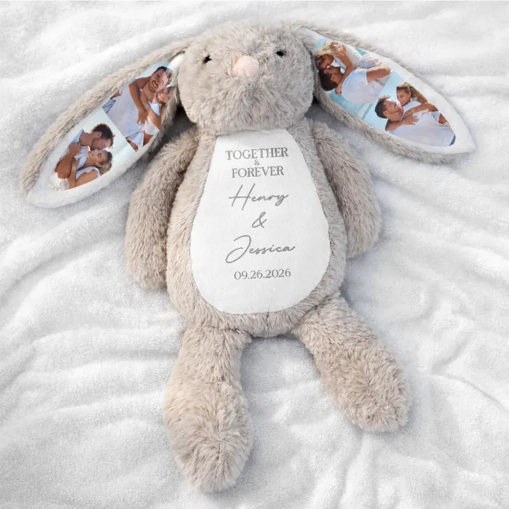 Custom Photo "Forever & Always" Long-Ear Bunny — Personalized Stuffed Animal & Christmas Gift for Couples