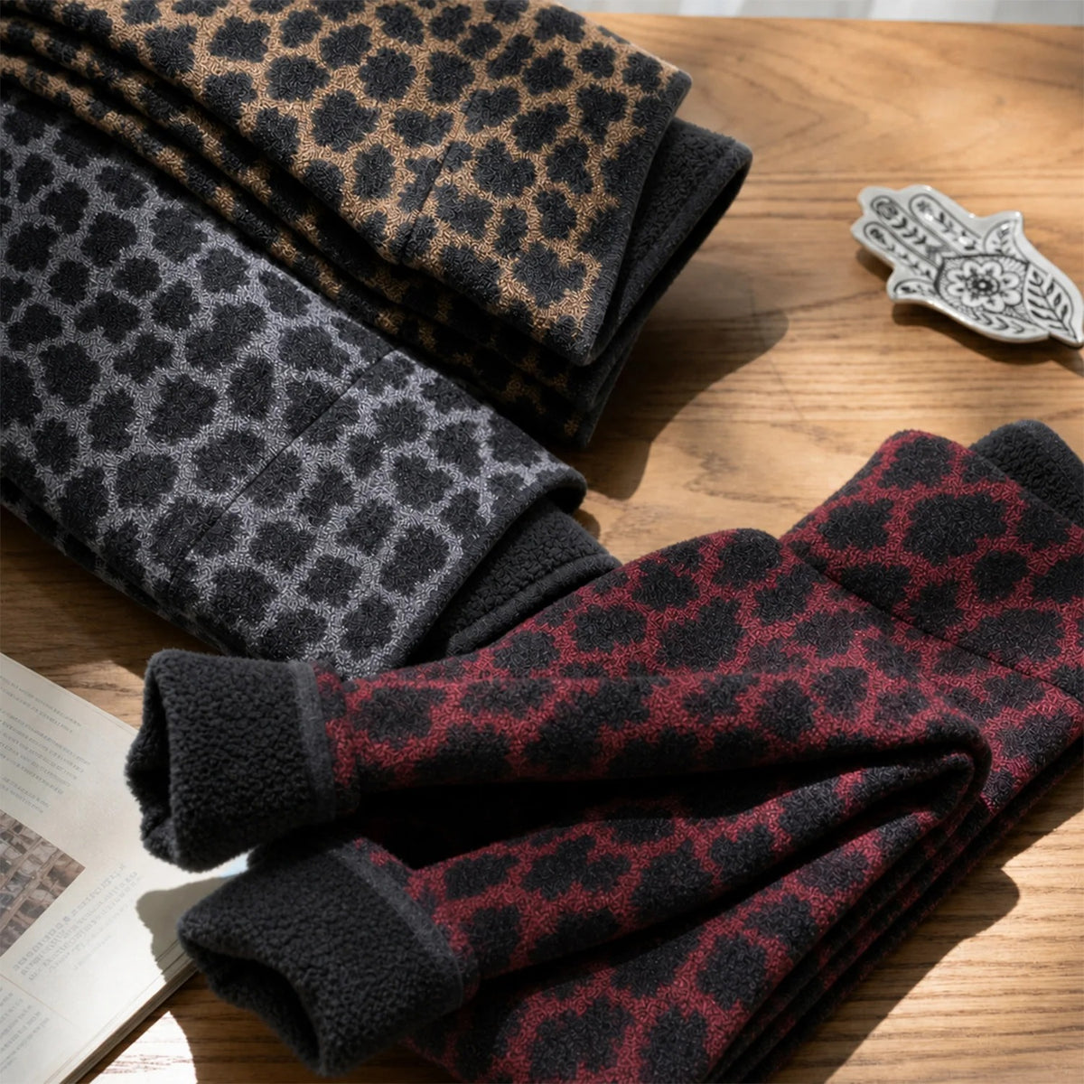 Women's Reversible Leopard Print Leggings-High-Waisted Fleece-Lined Warm Stretch Pants