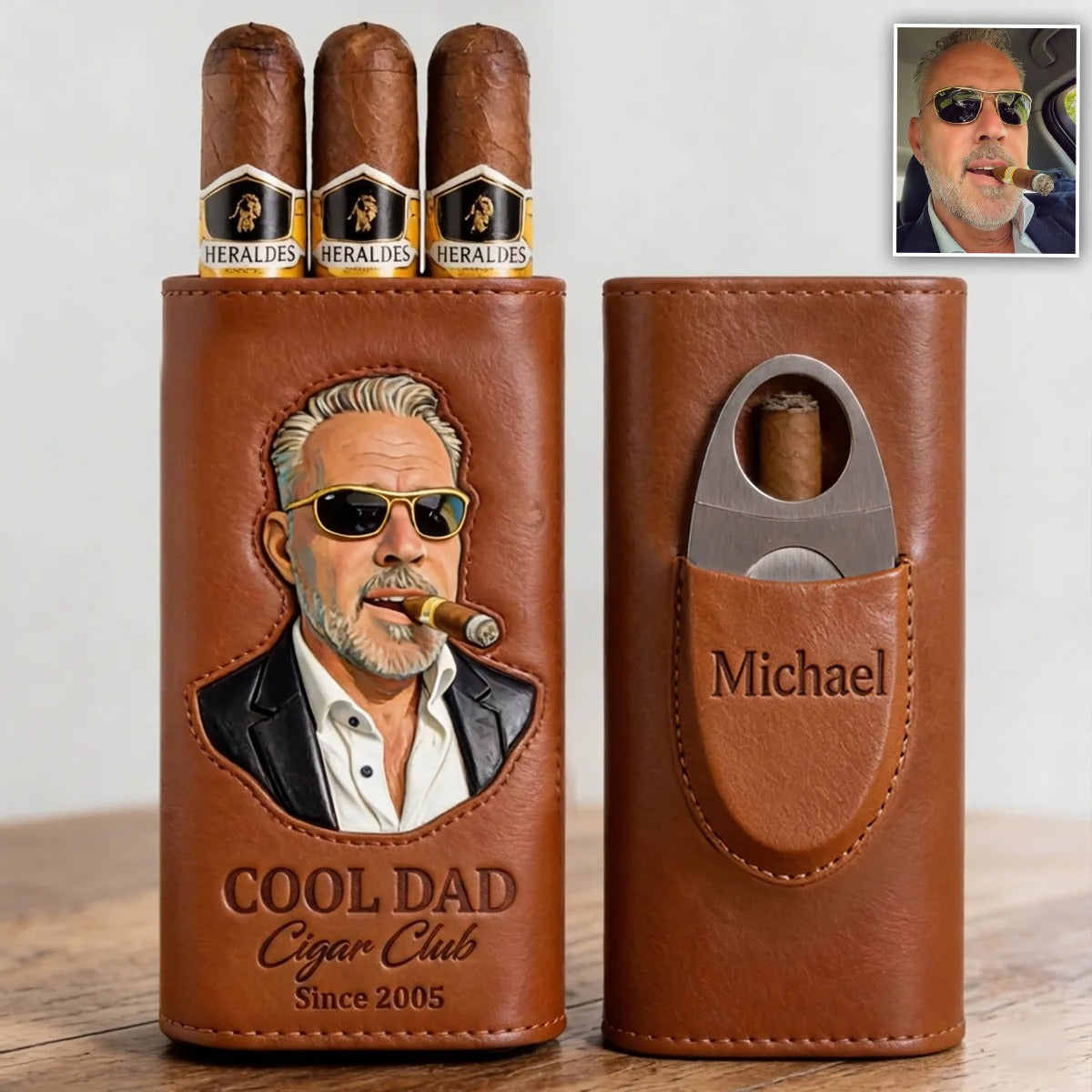 Custom Leather Photo Cigar Case for Dad | Personalized Travel Humidor with Cutter for Father's Day