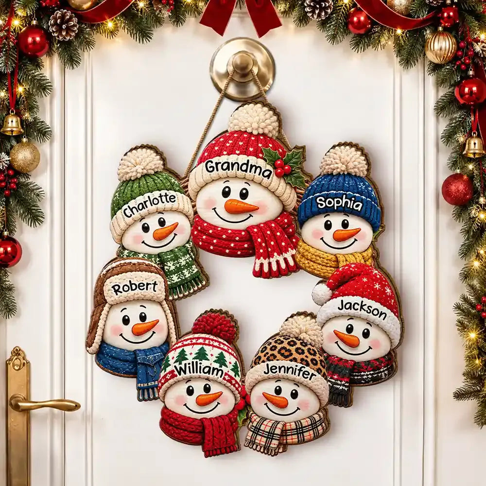 Custom Grandparent Christmas Sign — Snowman Wreath Wood Decor with Personalized Touch