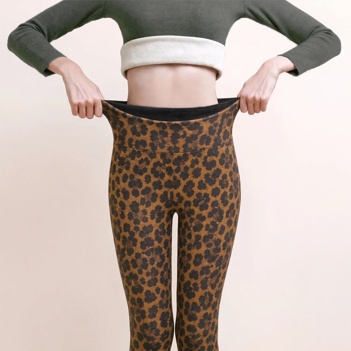 Women's Reversible Leopard Print Leggings-High-Waisted Fleece-Lined Warm Stretch Pants