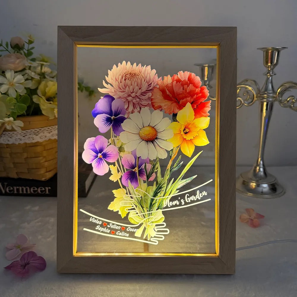 Custom Hug Birth Month Flower Bouquet with Names LED Night Light Frame-Mother's Day Gift
