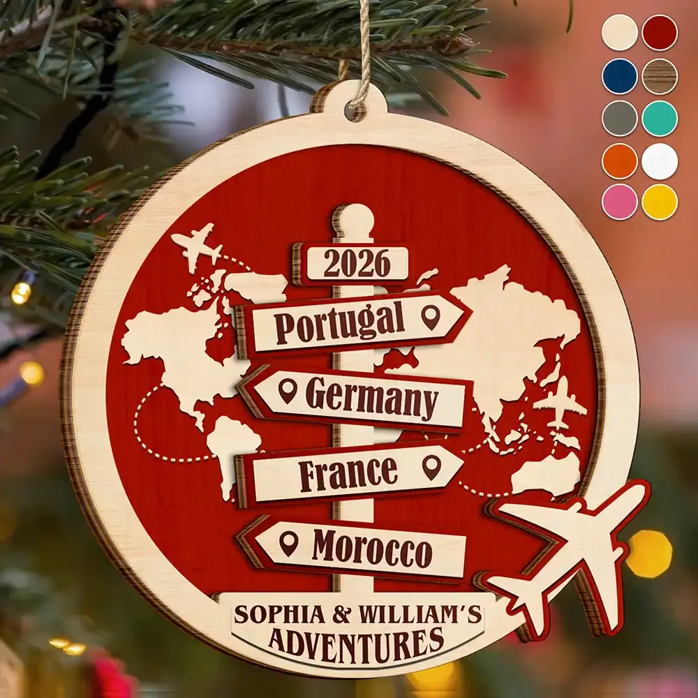 Custom 2-Layered Wooden Ornament – Custom Travel Couple Gift for Him & Her, Engraved with Names & Year, Ideal for Anniversary, Wedding, or Valentine's Day