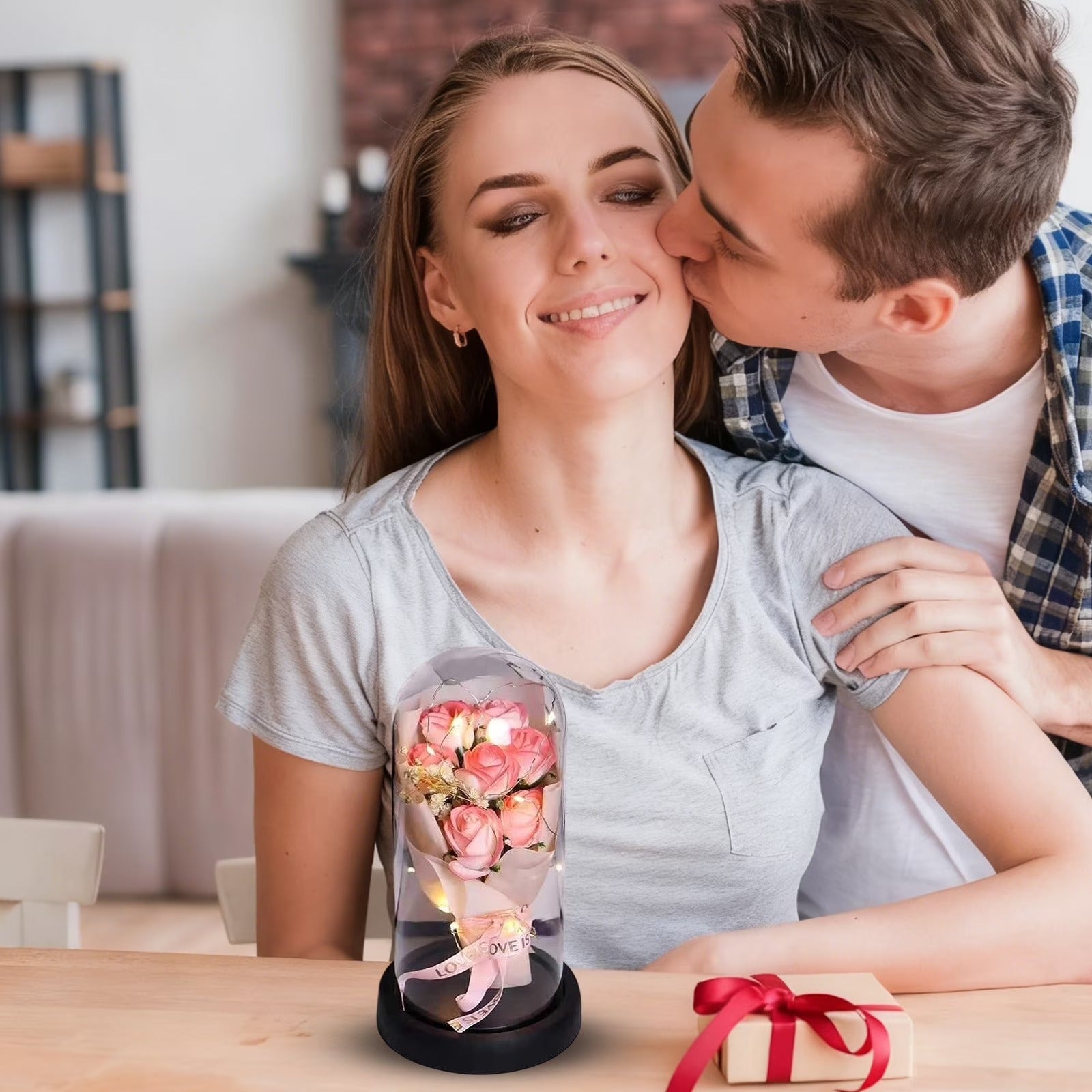 Preserved 7 Flower Rose Glass Dome with USB LED – Bouquet Gift for Couples