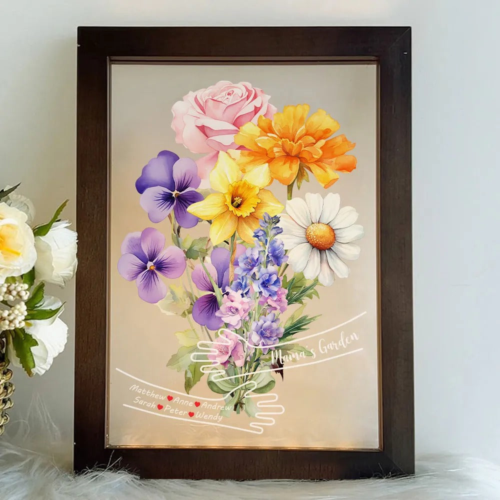 Custom Hug Birth Month Flower Bouquet with Names LED Night Light Frame-Mother's Day Gift