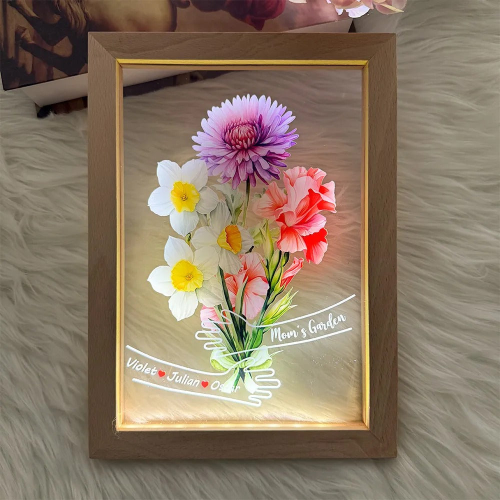 Custom Hug Birth Month Flower Bouquet with Names LED Night Light Frame-Mother's Day Gift