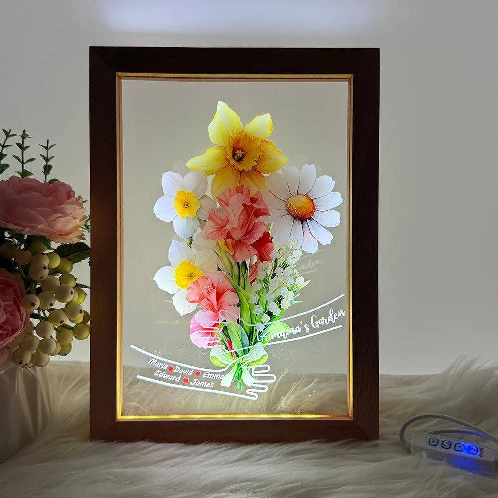 Custom Hug Birth Month Flower Bouquet with Names LED Night Light Frame-Mother's Day Gift