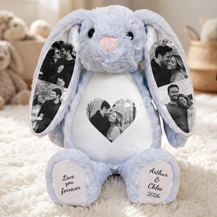 Couple Custom Photo Bunny Plush — Personalized Stuffed Rabbit, Anniversary Valentine Birthday Gift for Her or Him