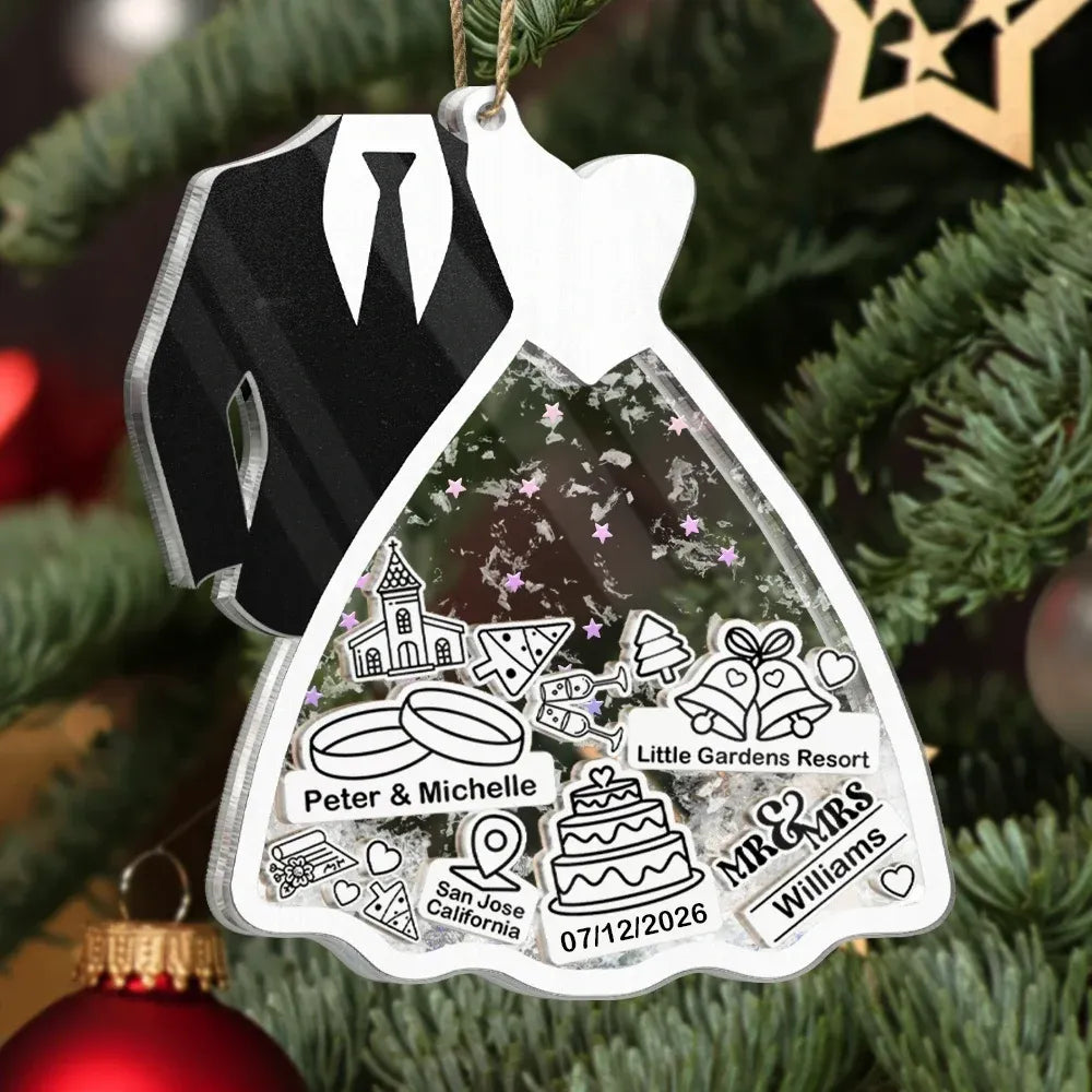 Personalized First Ornament for Couple | Bride & Groom 3-Layer Acrylic Shaker Keepsake with Glitter