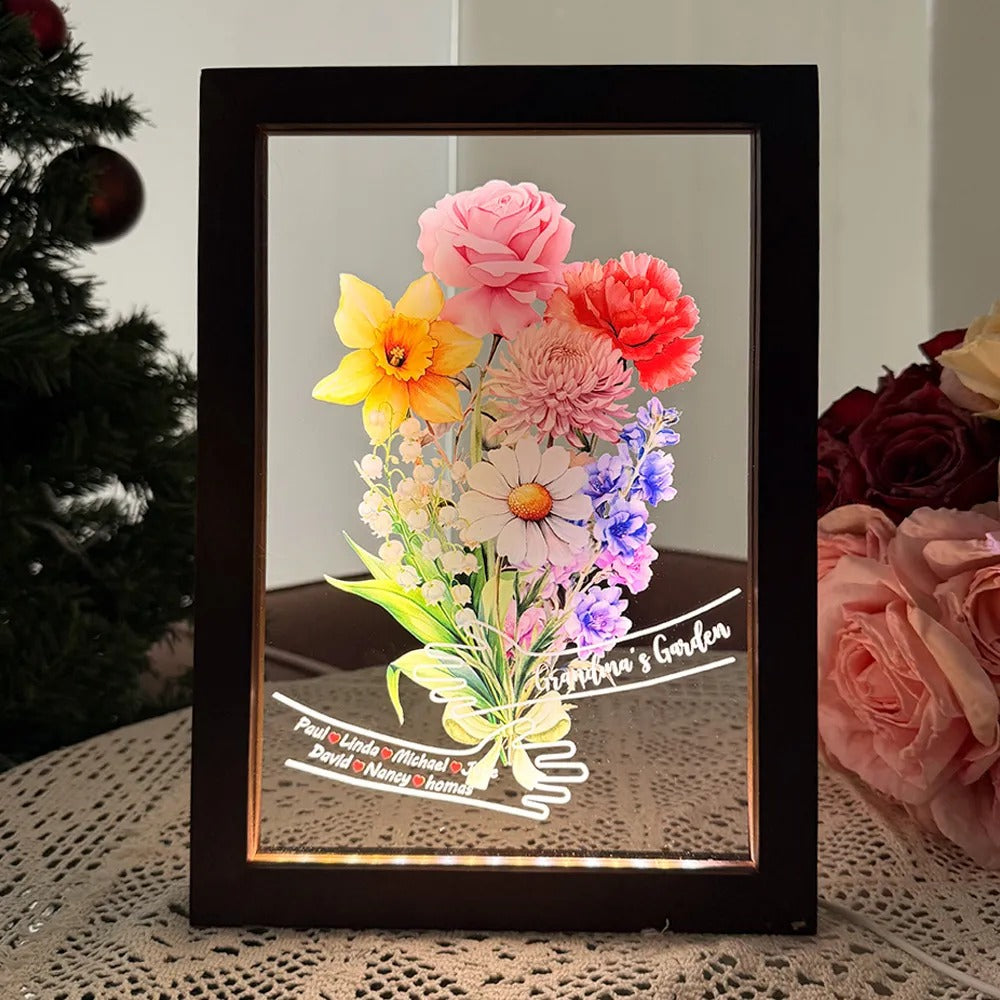 Custom Hug Birth Month Flower Bouquet with Names LED Night Light Frame-Mother's Day Gift