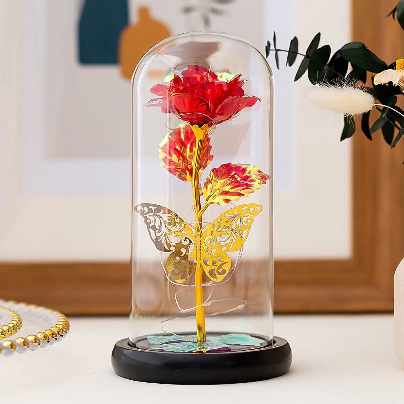 Artificial Galaxy Rose with Light-Up Butterfly in Glass Dome – Couple Gift for Her on Any Occasion