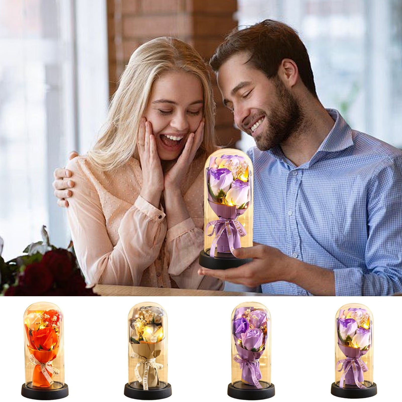 Preserved 7 Flower Rose Glass Dome with USB LED – Bouquet Gift for Couples