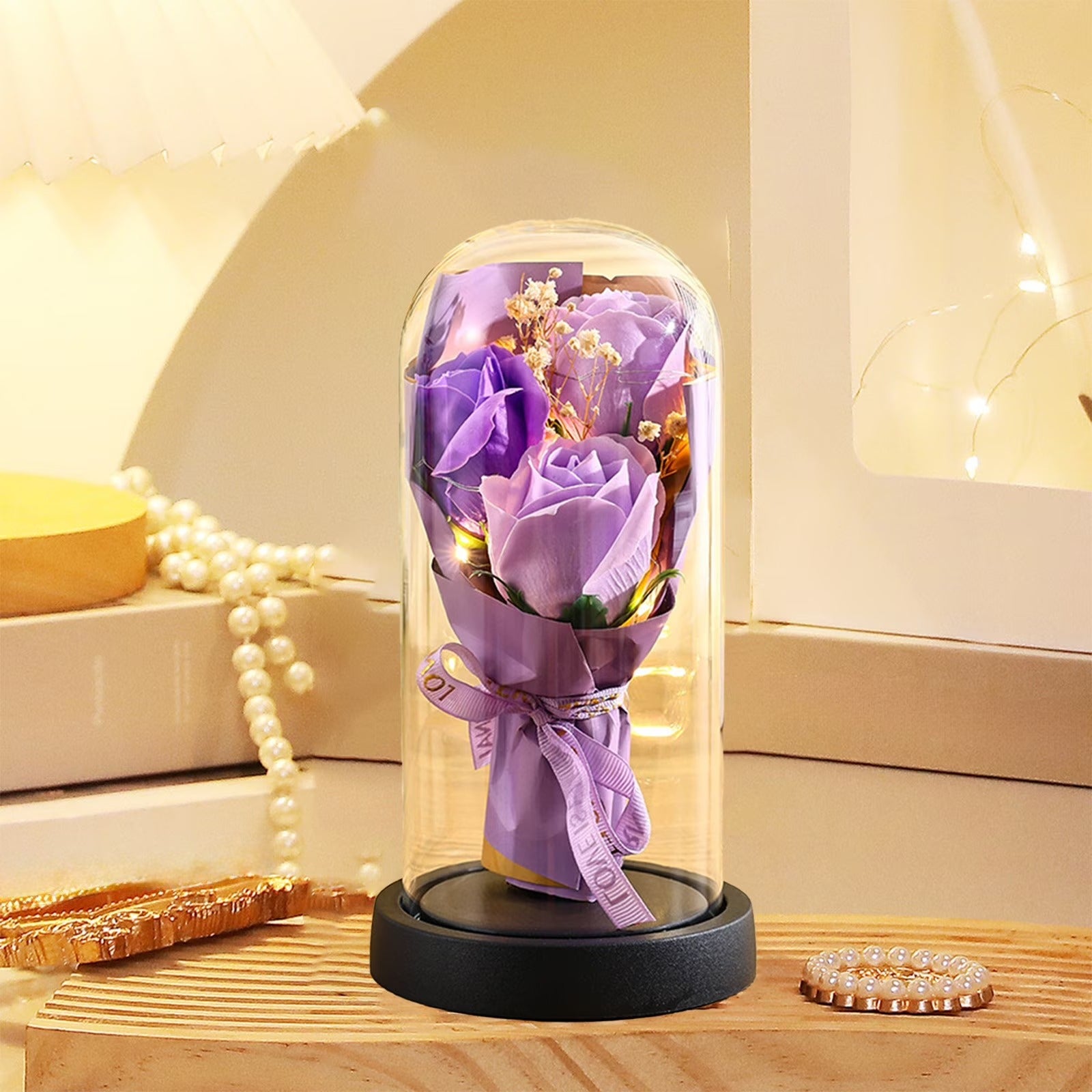 Preserved 7 Flower Rose Glass Dome with USB LED – Bouquet Gift for Couples