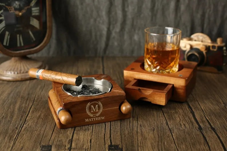 Custom Wooden Whiskey & Cigar Tray Set - Engraved Gift for Groomsmen, Husband, Dad