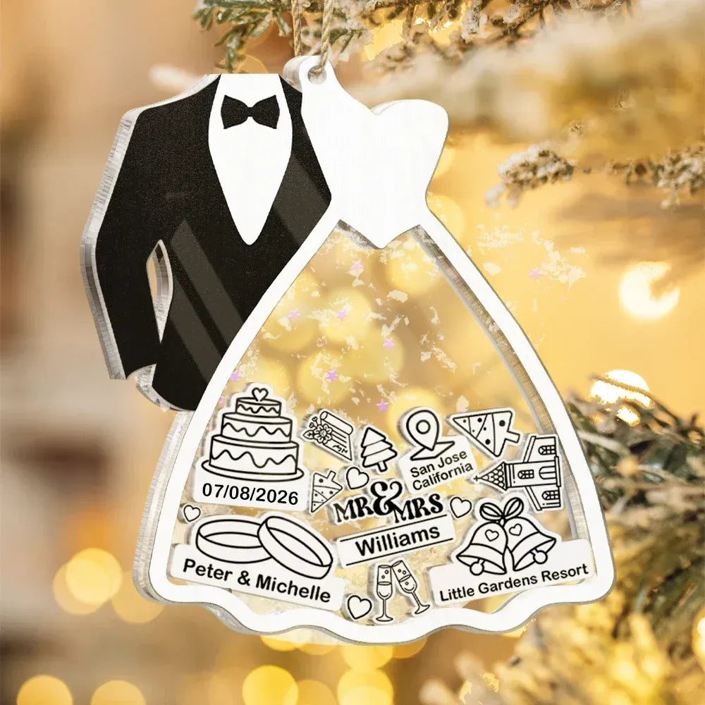 Personalized First Ornament for Couple | Bride & Groom 3-Layer Acrylic Shaker Keepsake with Glitter