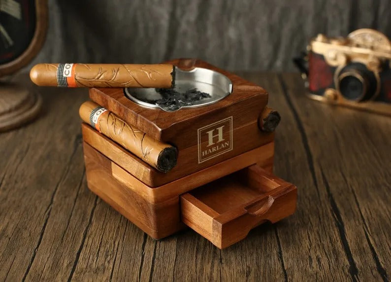Custom Wooden Whiskey & Cigar Tray Set - Engraved Gift for Groomsmen, Husband, Dad