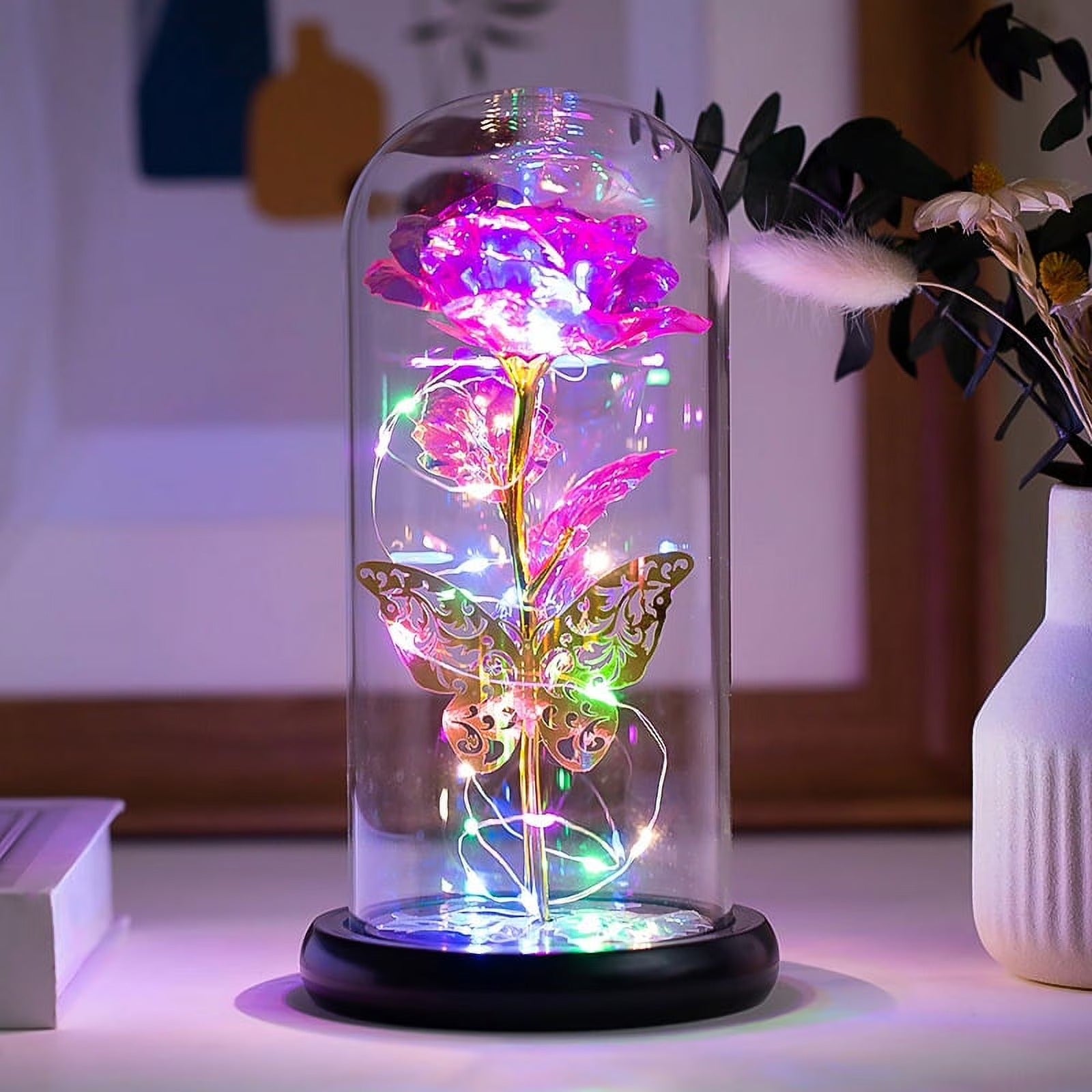 Artificial Galaxy Rose with Light-Up Butterfly in Glass Dome – Couple Gift for Her on Any Occasion